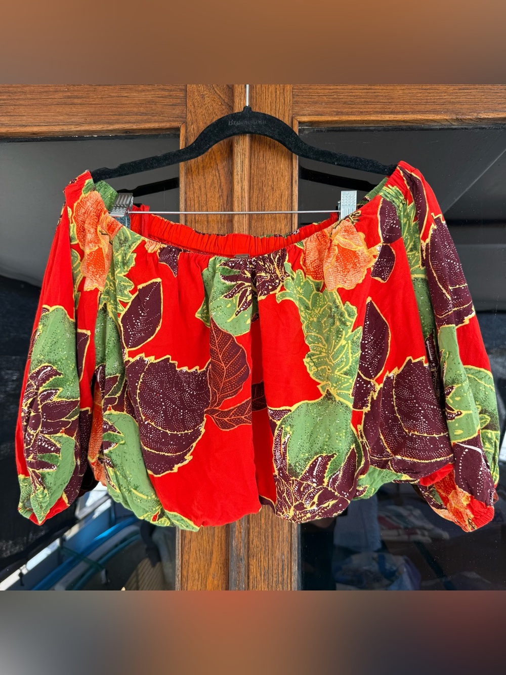 Free People off-shoulder crop top vibrant red floral hibiscus pattern Size Small